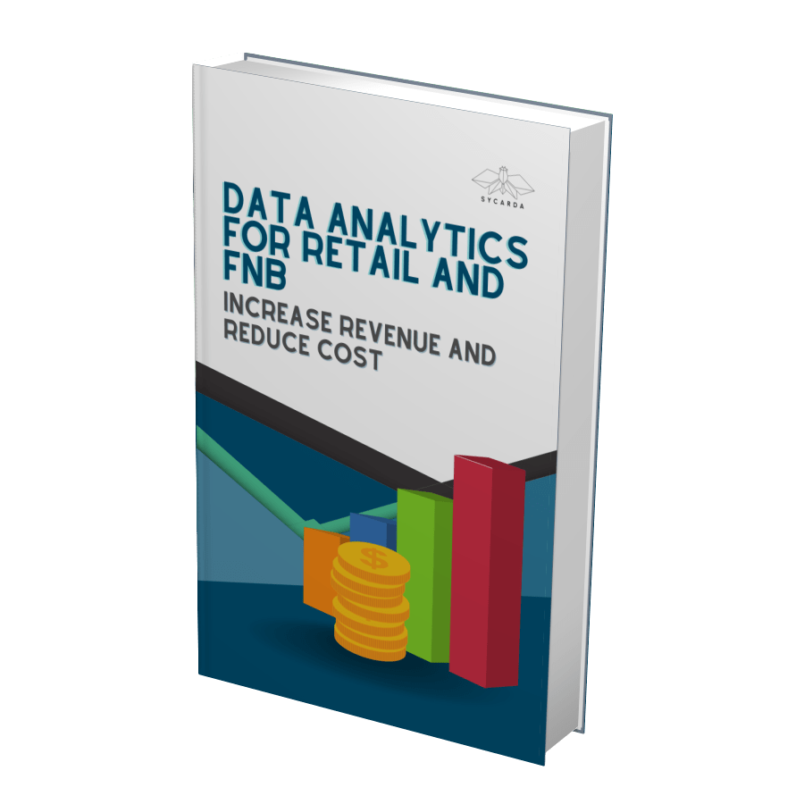 3D illustration of SYCARDA's e-book, Data Analytics for Retail and F&B Increase Revenue and Reduce Cost.
